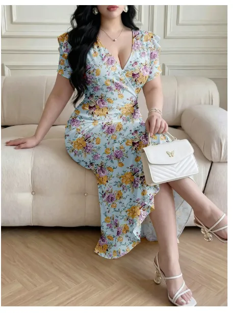  Ruffle Trim Flutter Sleeve Ditsy Floral Waist-Cinching A-Line Woven Dress Carousel 4