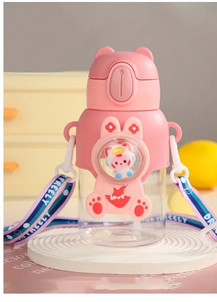 21oz Cute Cartoon Water Bottle With Lid And Straw - Leak-Proof Portable Sports Cup Carousel 5