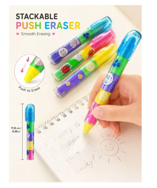 12pcs-Fruit Cartoon Pen-Shaped Erasers, Macaron Color Detachable Building Block Erasers Carousel 2