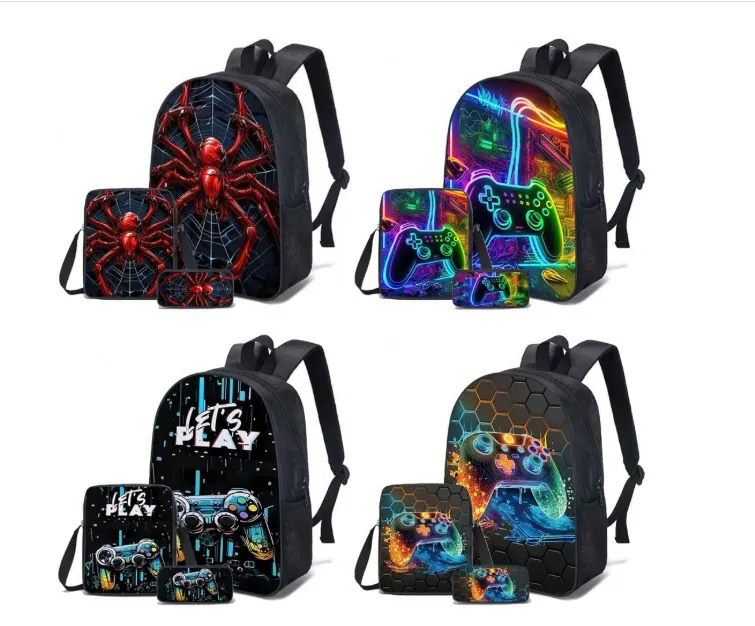 3-Piece Backpack Set, Fun Print/Game Print, Unisex, Crossbody Bag, Pencil Case, Backpack Carousel 2