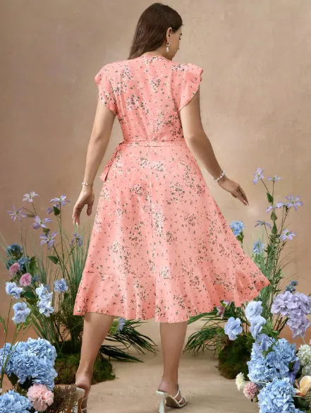Plus Size Ruffled Ditsy Floral Waist Fit And Flare Woven Dress Carousel 1