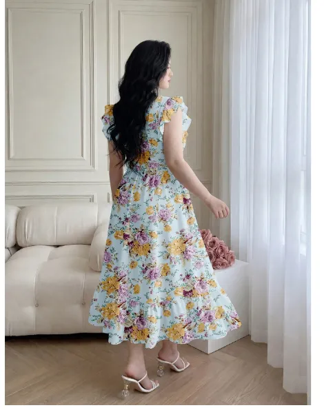  Ruffle Trim Flutter Sleeve Ditsy Floral Waist-Cinching A-Line Woven Dress Carousel 6