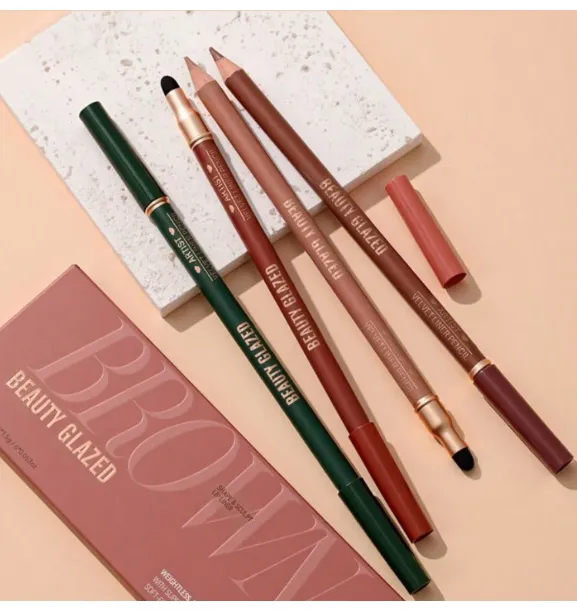 beauty glazed Dual-Ended Lip Liner Pencil, Cream Matte Lip Liner Pencil And Blending Brush Carousel 6