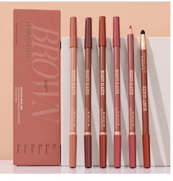 beauty glazed Dual-Ended Lip Liner Pencil, Cream Matte Lip Liner Pencil And Blending Brush Carousel 8