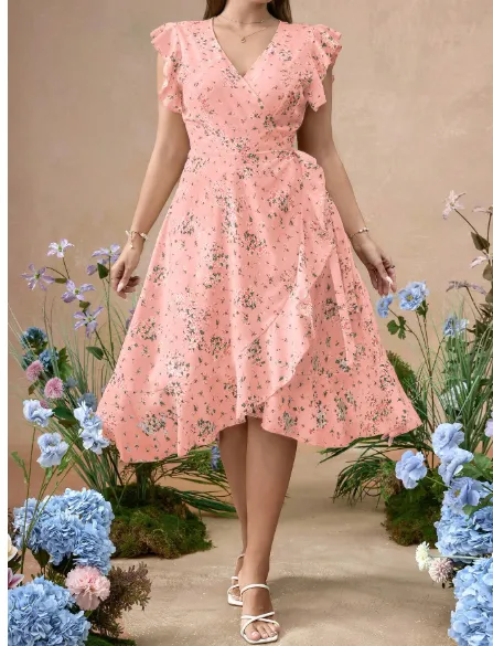 Plus Size Ruffled Ditsy Floral Waist Fit And Flare Woven Dress Carousel 2