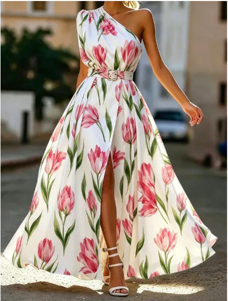 CURVE Plus Size Women's Asymmetric Neck Printed Dress, Waist-Cinching Style Carousel 4