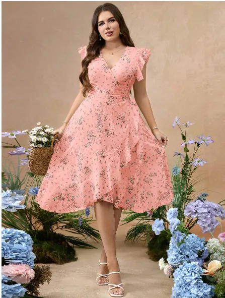 Plus Size Ruffled Ditsy Floral Waist Fit And Flare Woven Dress Carousel 3