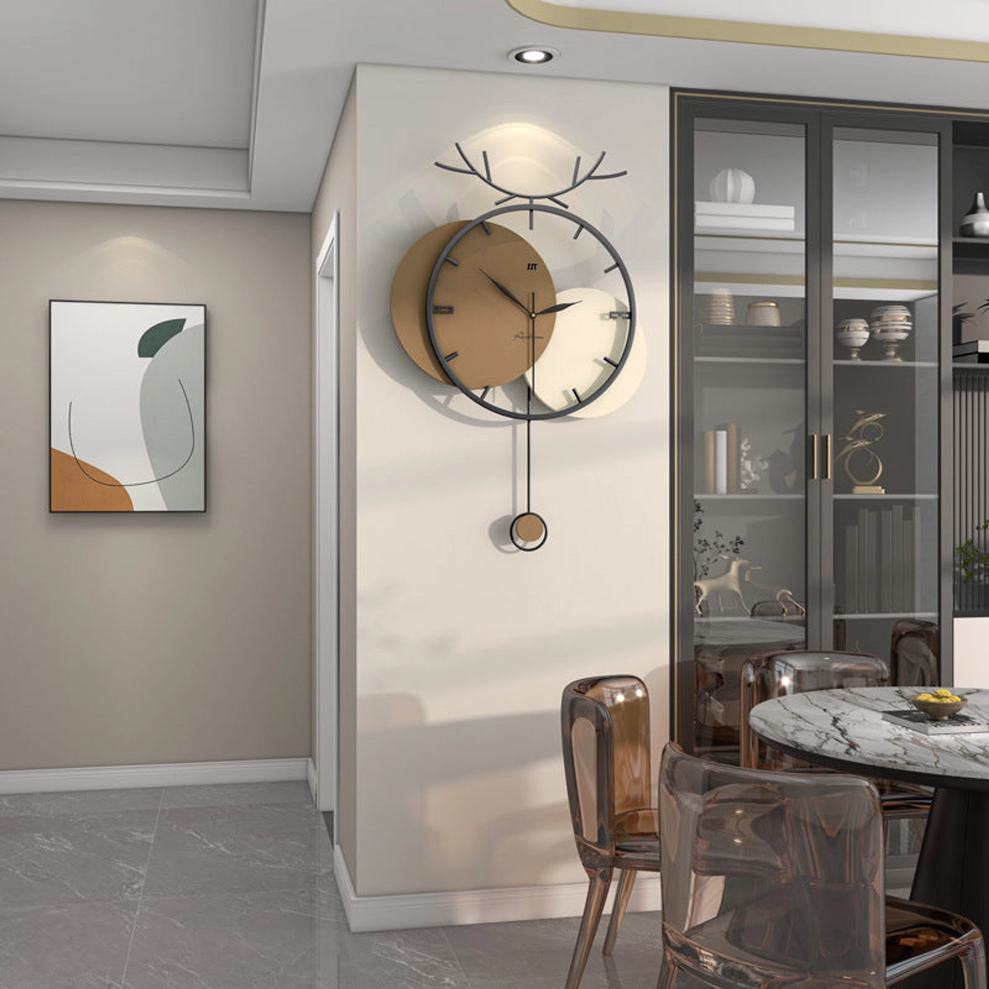 Stylish Modern Wall Clock with Antler Design and Pendulum Carousel 4