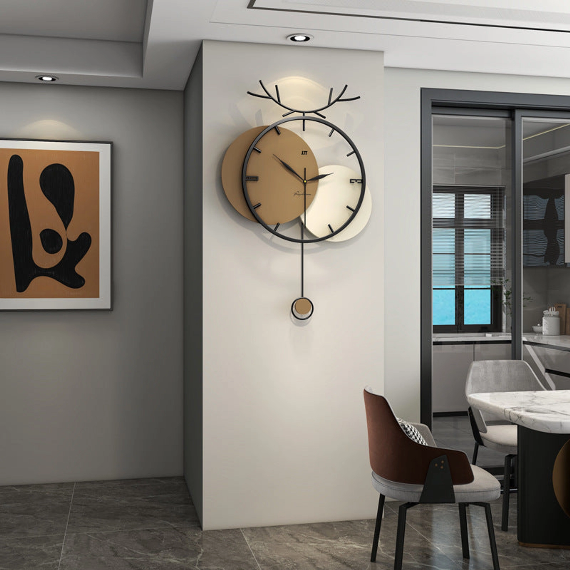 Stylish Modern Wall Clock with Antler Design and Pendulum Carousel 3