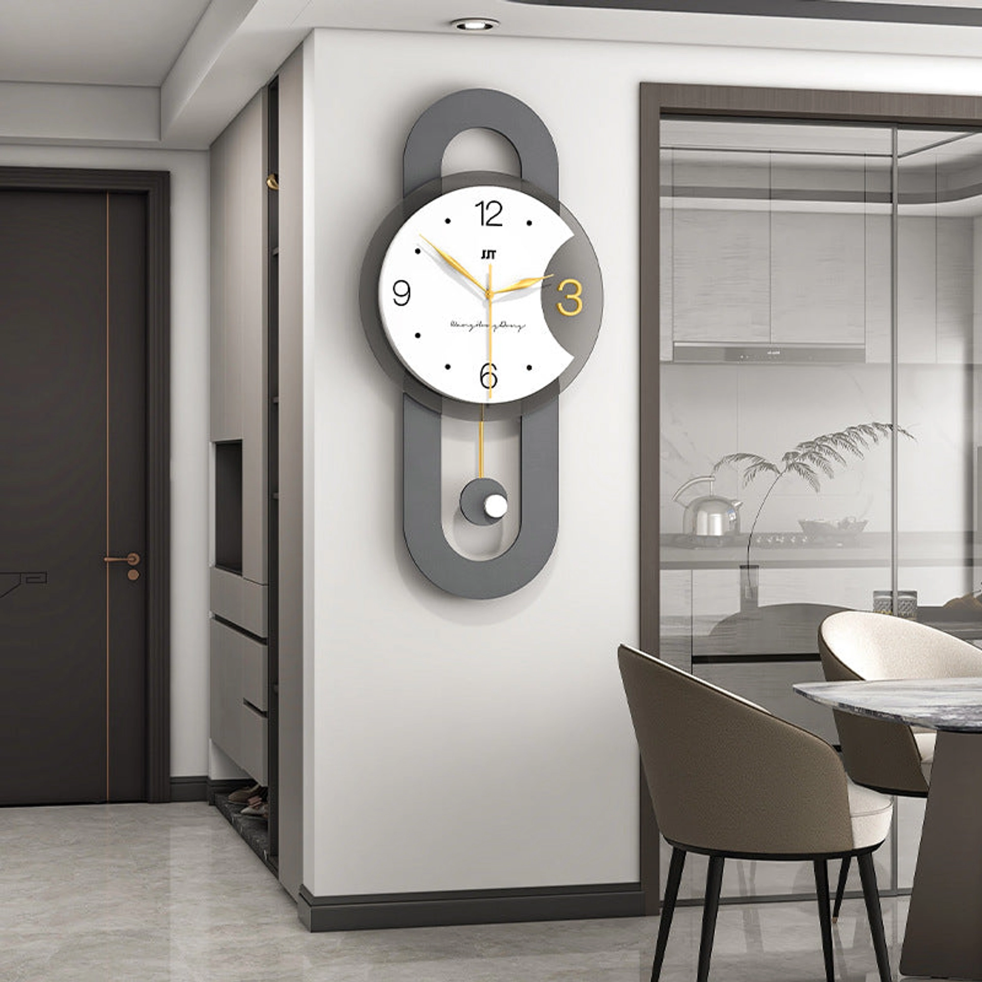 Minimalist Gray Wall Clock with Gold Pendulum and Charcoal Frame Carousel 1