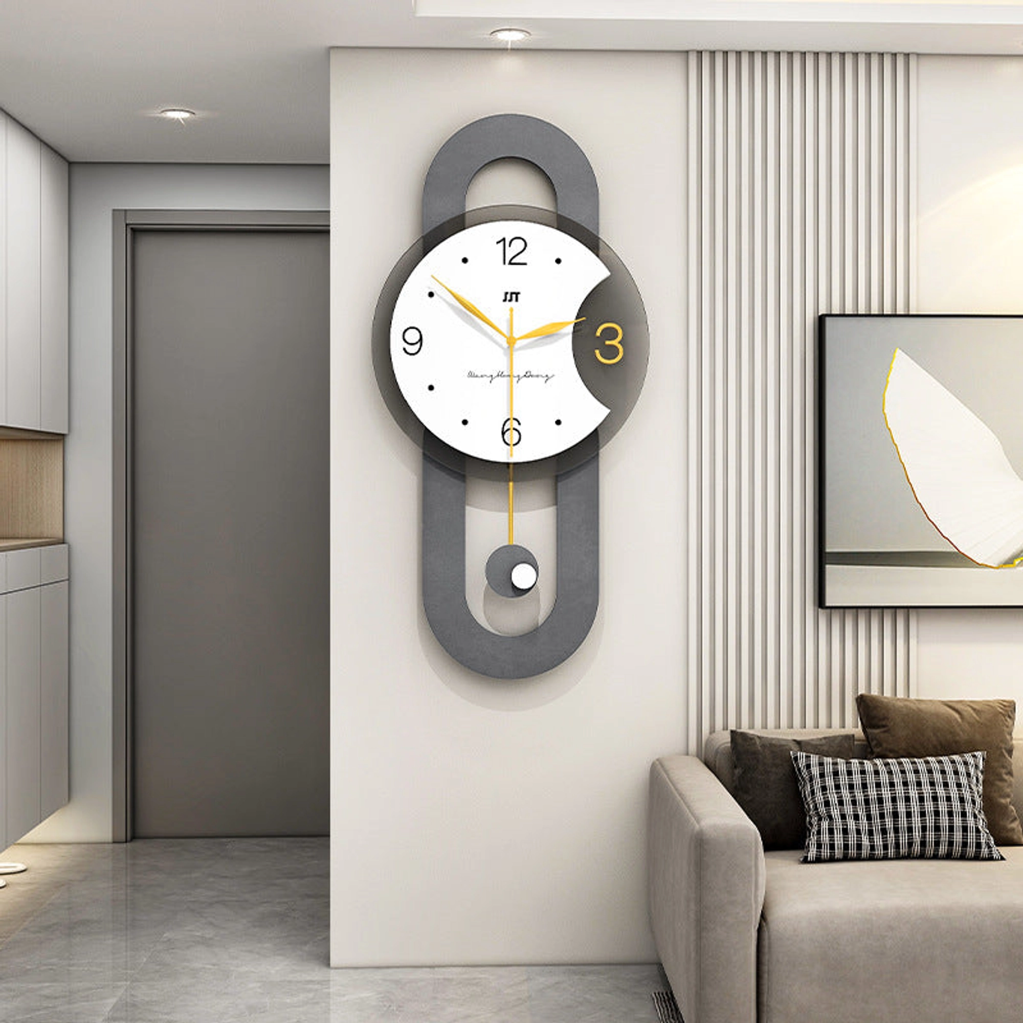 Minimalist Gray Wall Clock with Gold Pendulum and Charcoal Frame