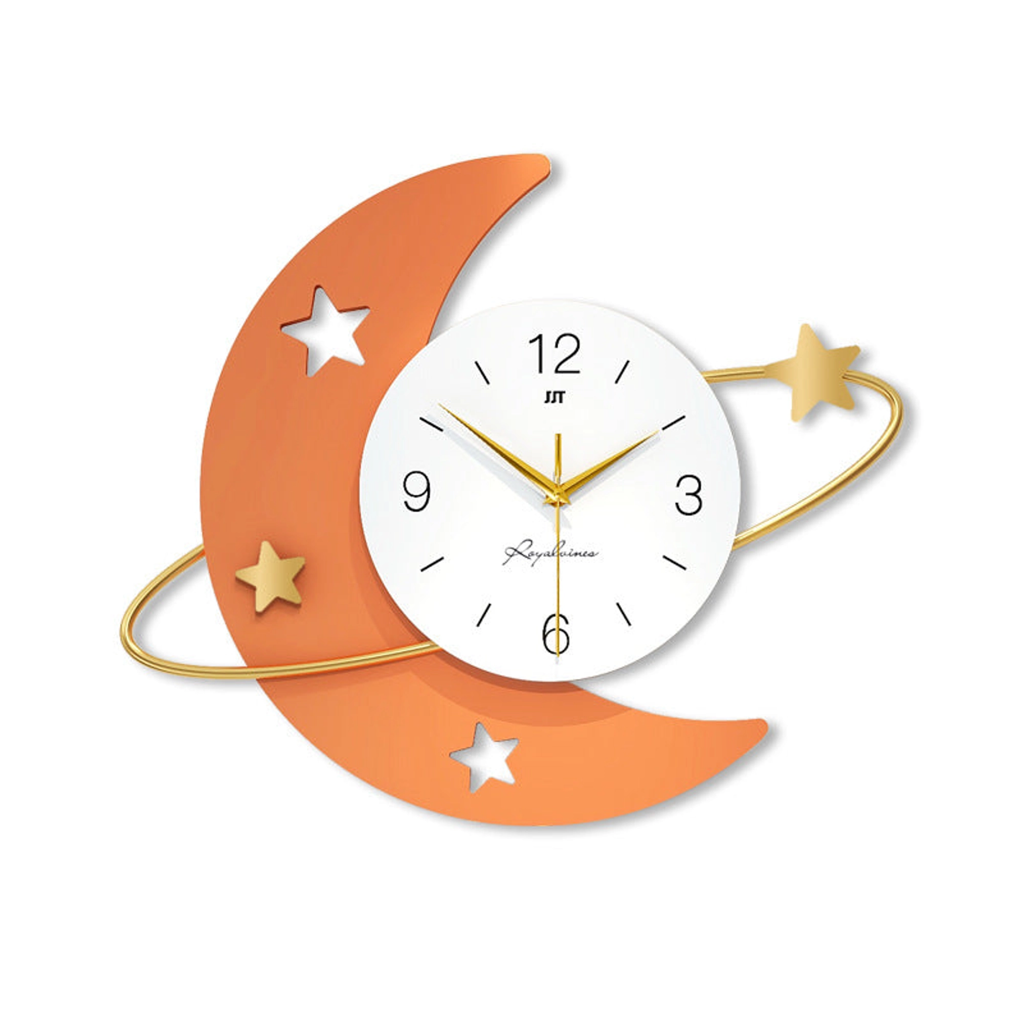 Celestial Crescent Moon Wall Clock with Gold Orbit Carousel 2