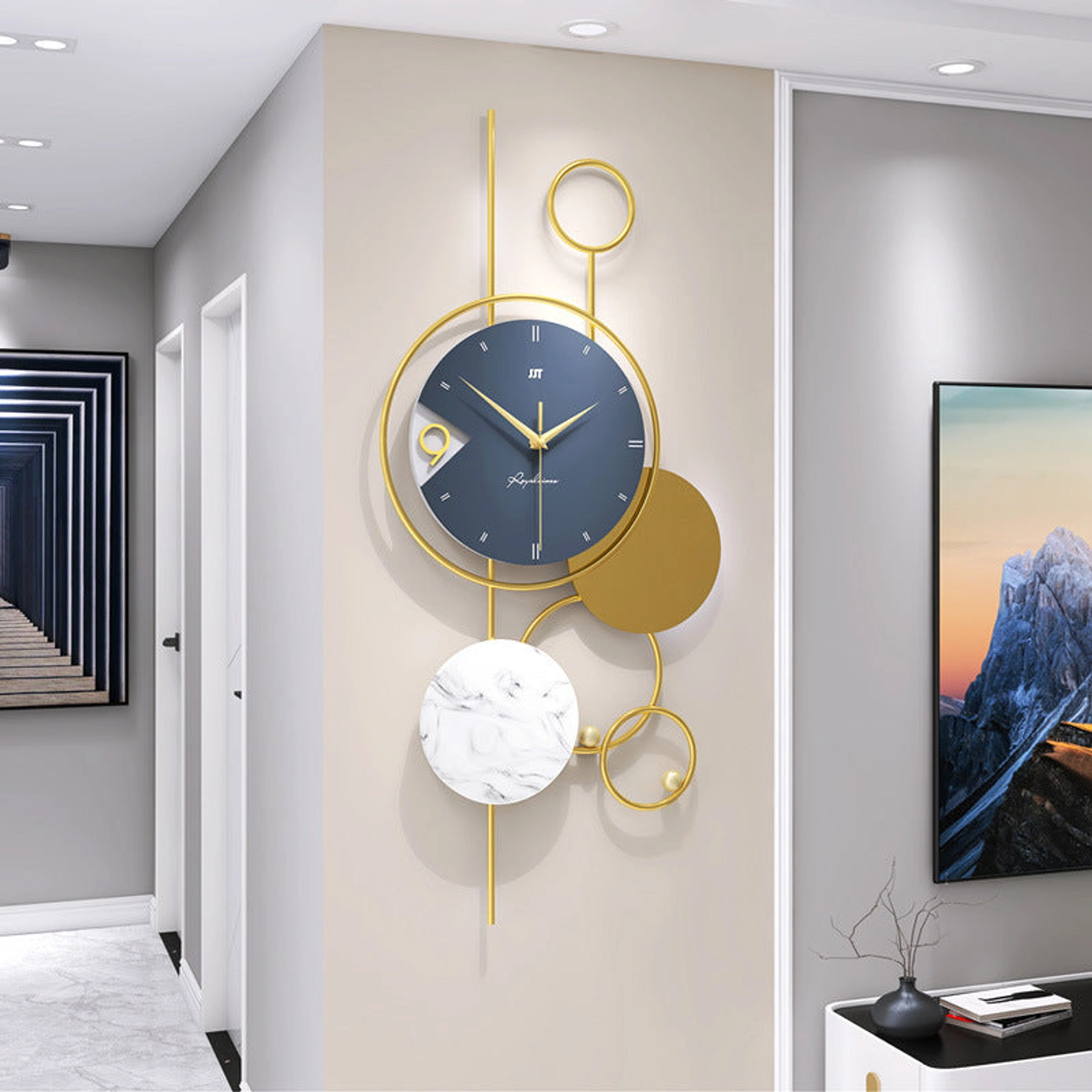 Modern Wall Clock with Gold Accents and Marble Disc Carousel 5