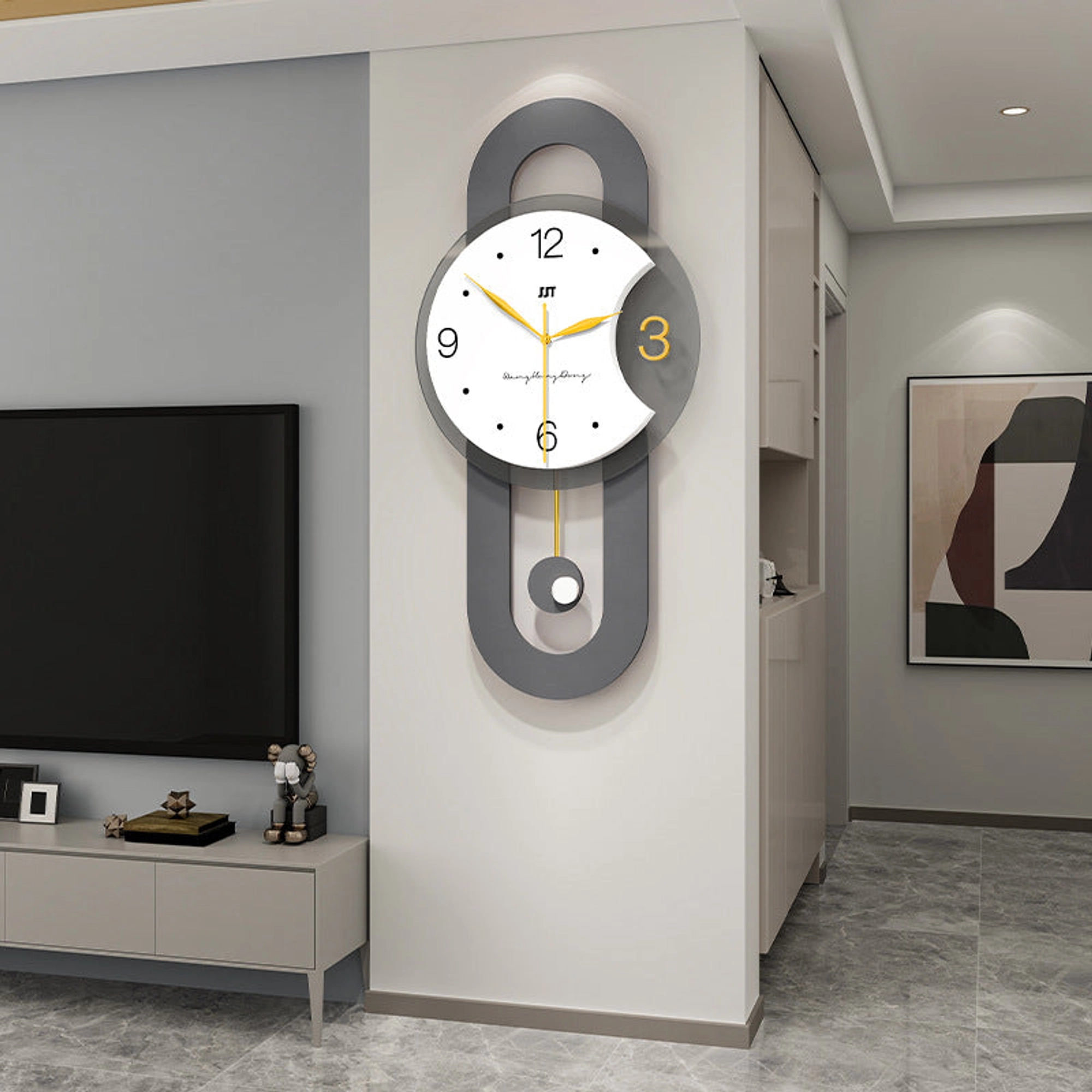 Minimalist Gray Wall Clock with Gold Pendulum and Charcoal Frame Carousel 4
