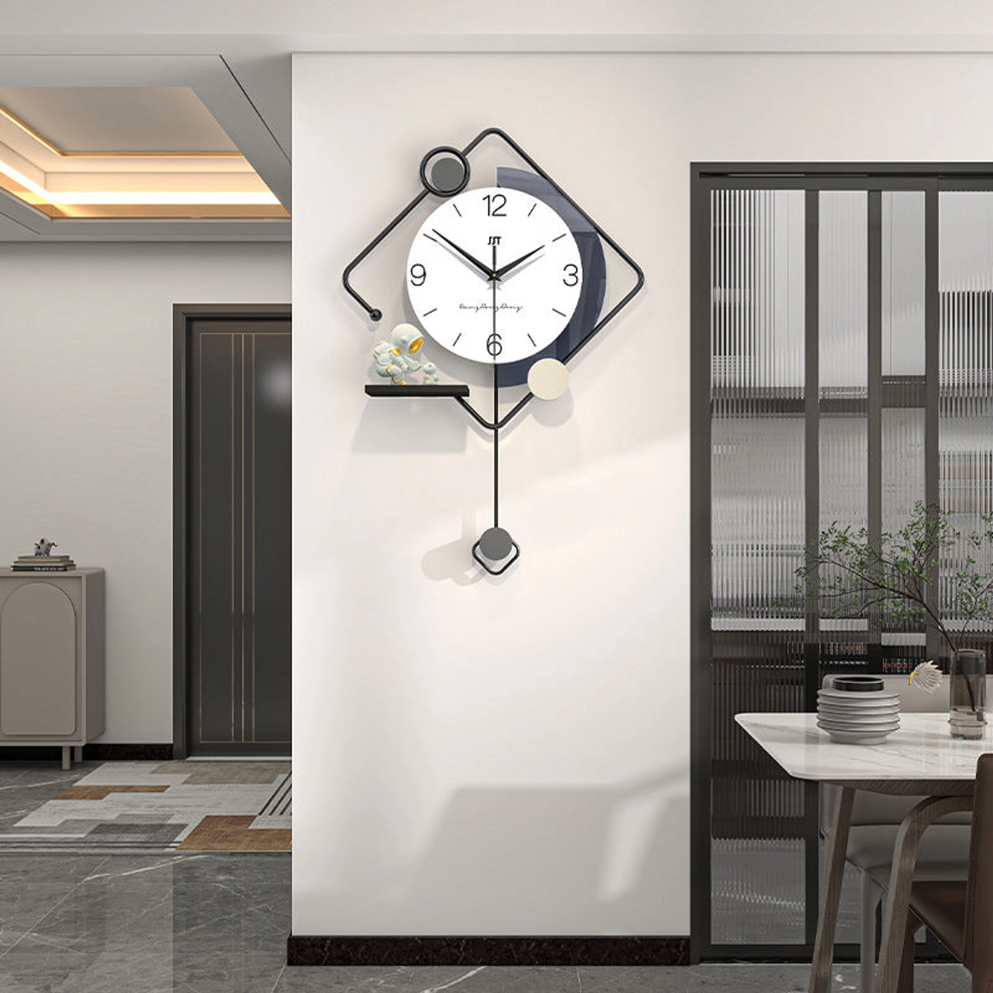 Modern Geometric Wall Clock with Astronaut Figurines Carousel 4