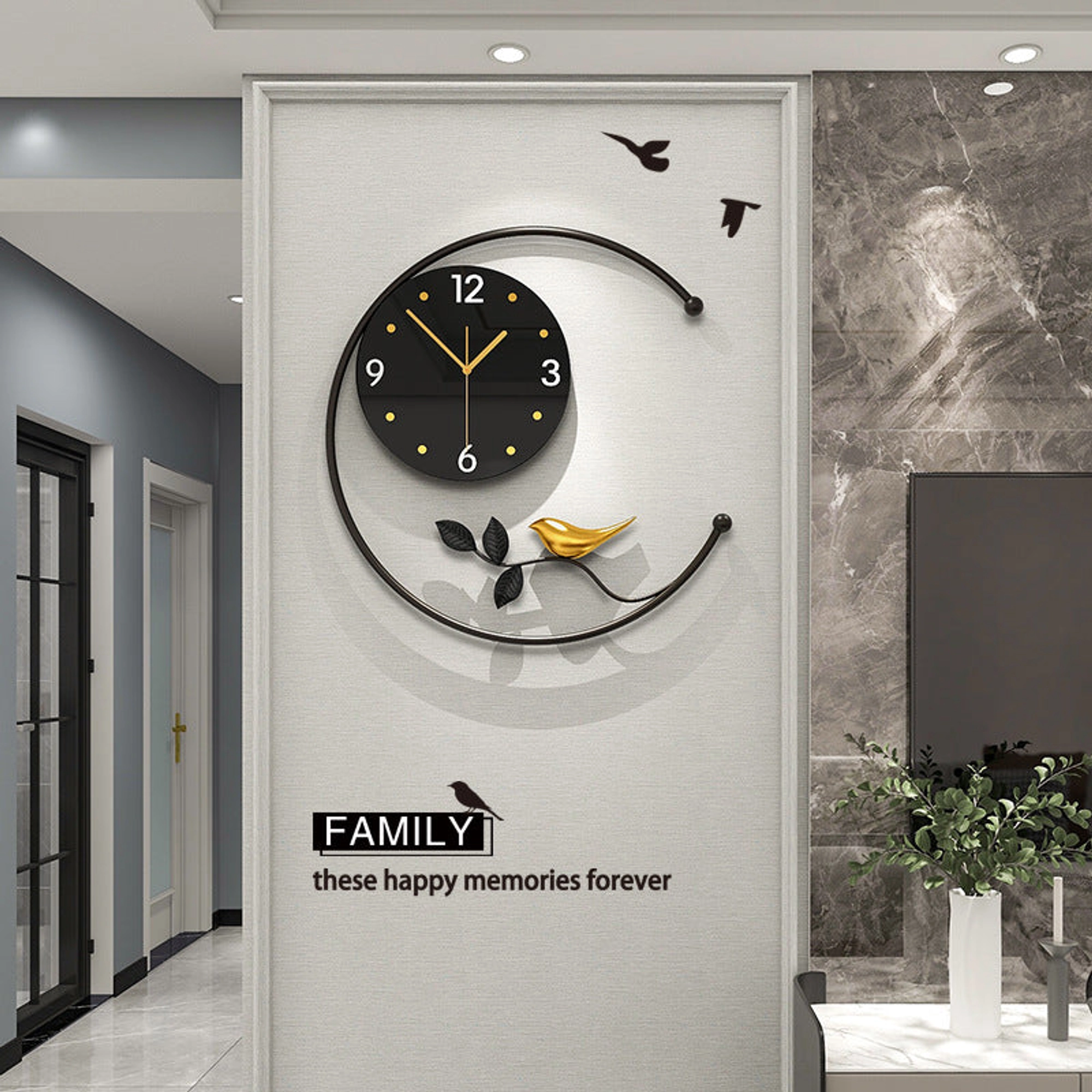 Modern Black and Gold Wall Clock with Bird Design Carousel 1