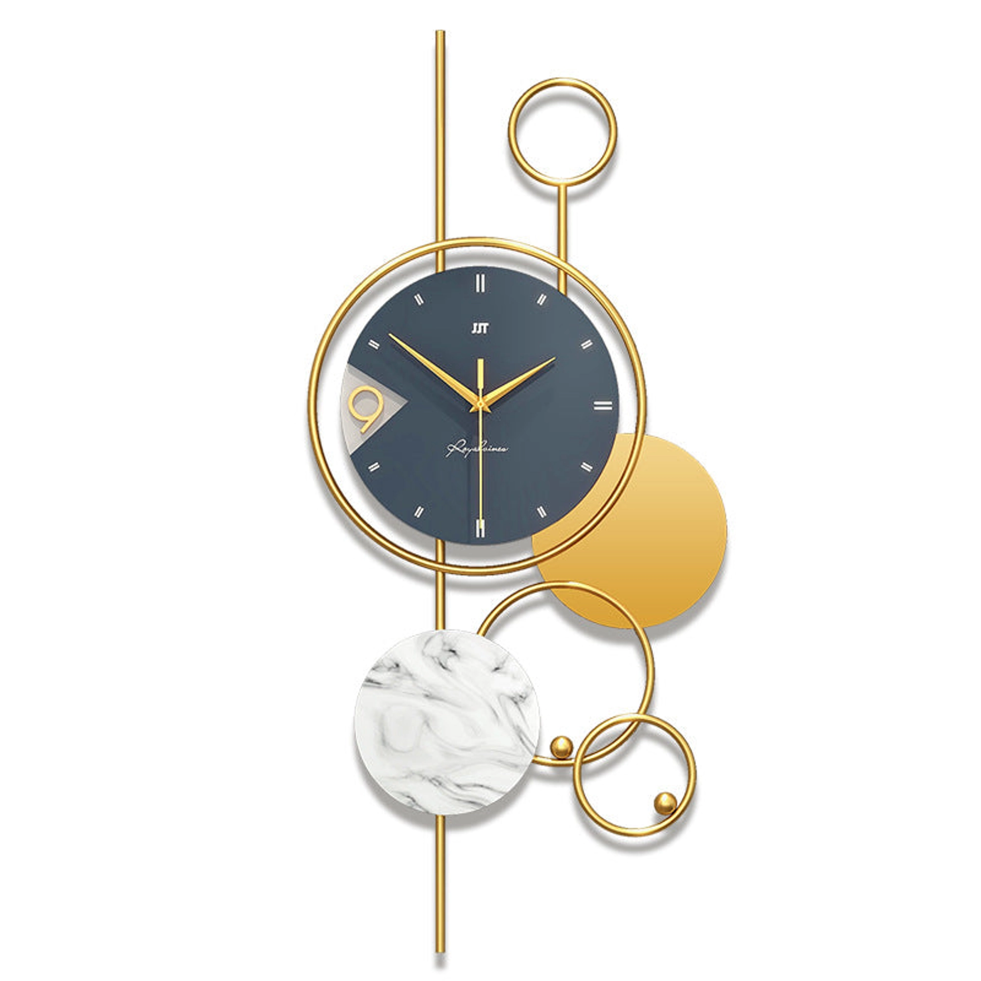 Modern Wall Clock with Gold Accents and Marble Disc Carousel 4
