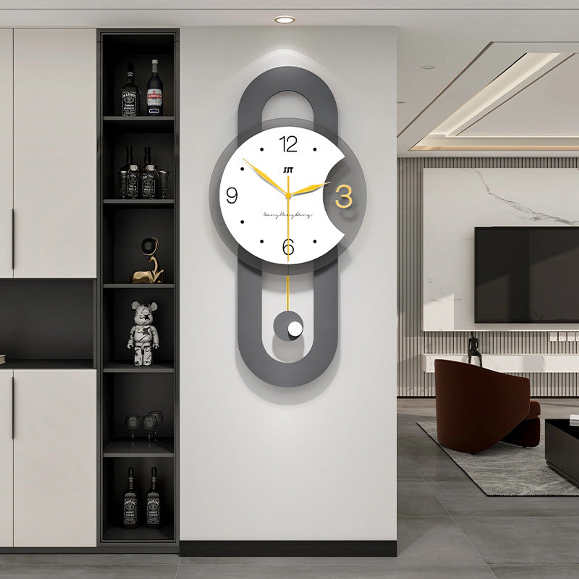 Minimalist Gray Wall Clock with Gold Pendulum and Charcoal Frame Carousel 2