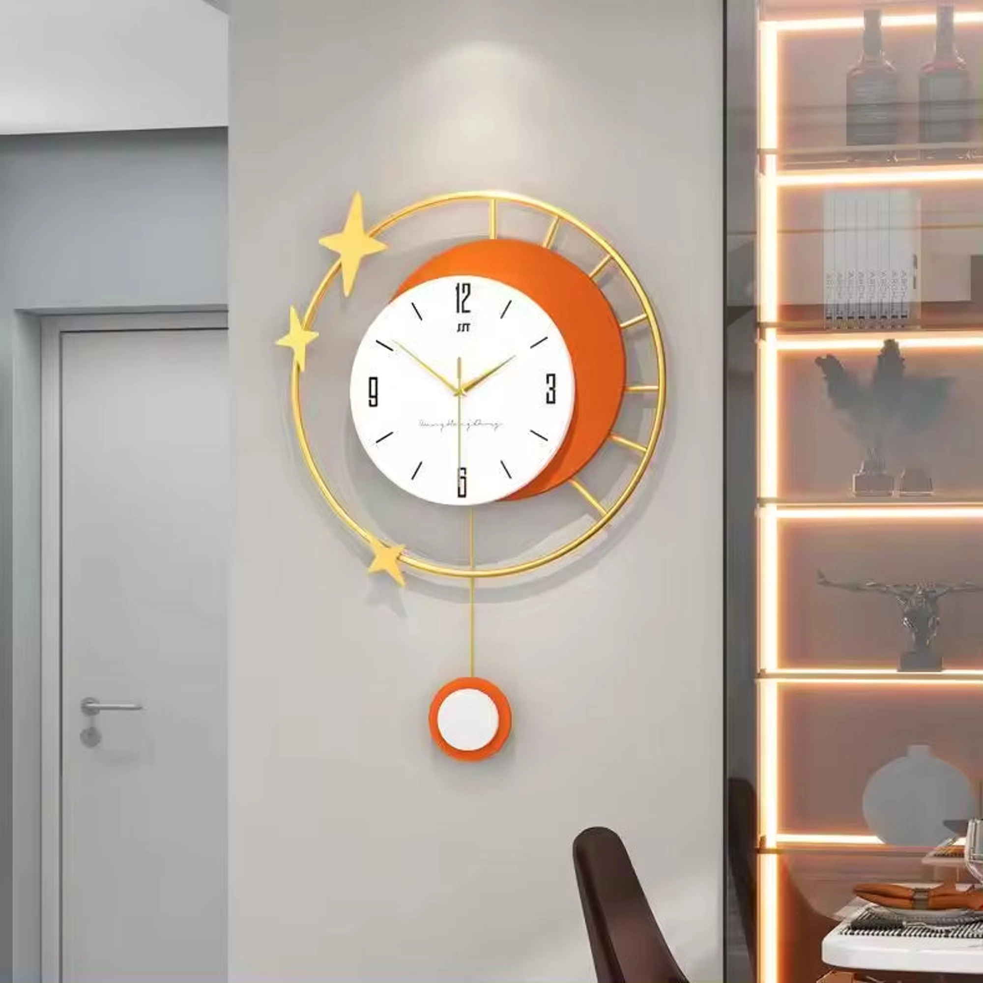 Modern Wall Clock with Crescent Moon, Gold Stars, and Elegant Pendulum Carousel 5