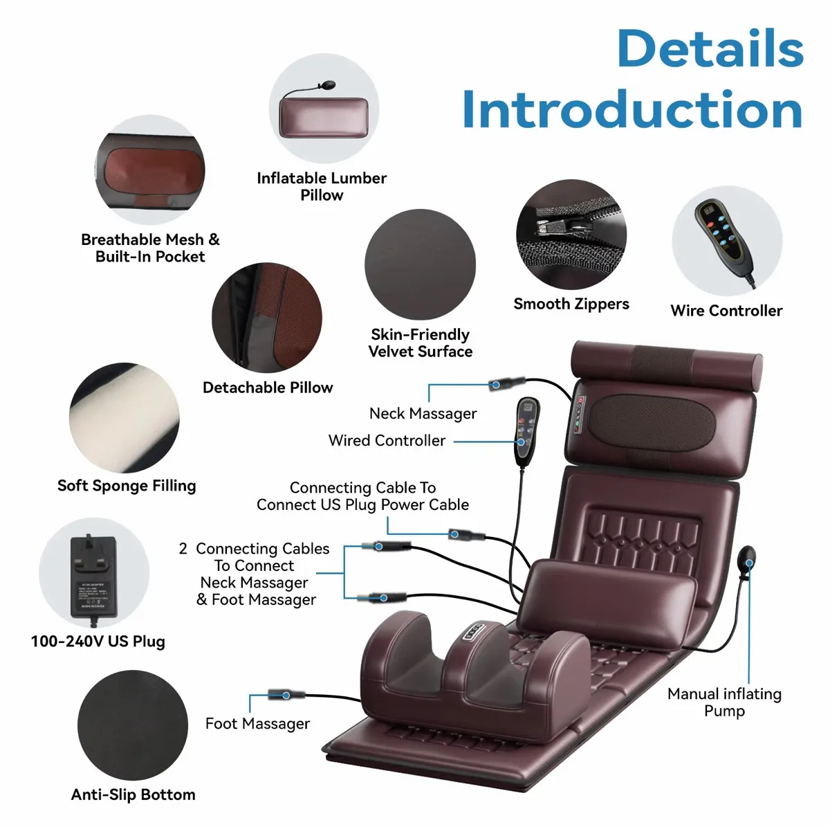 Multi-Functional Full Body Massage Mattress Mat with Heat – Electric Shiatsu Neck, Lumbar, and Foot Massager Cushion – Inflatable Waist Support & Wire Remote Control, 36W Carousel 6
