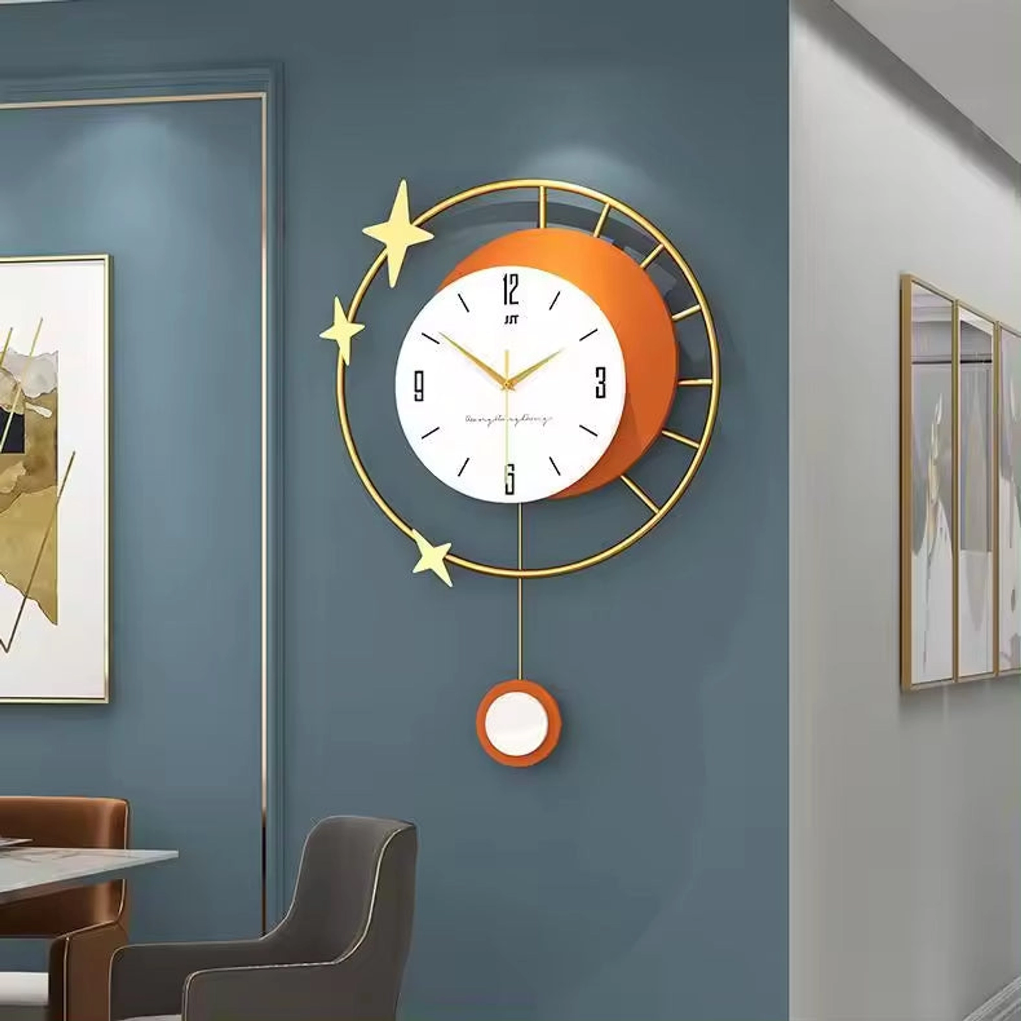 Modern Wall Clock with Crescent Moon, Gold Stars, and Elegant Pendulum Carousel 2