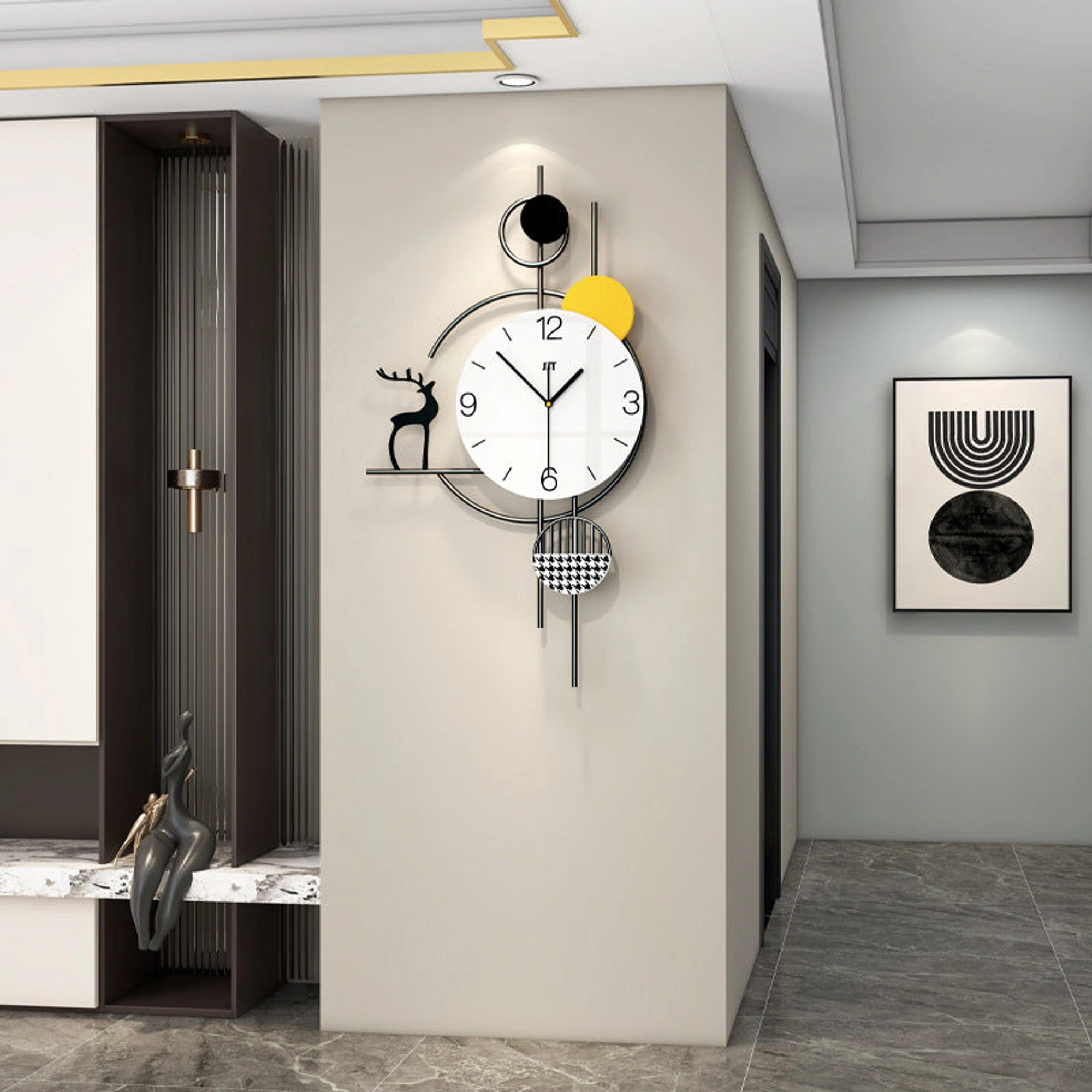 Modern Abstract Wall Clock with Deer Silhouette and Geometric Design