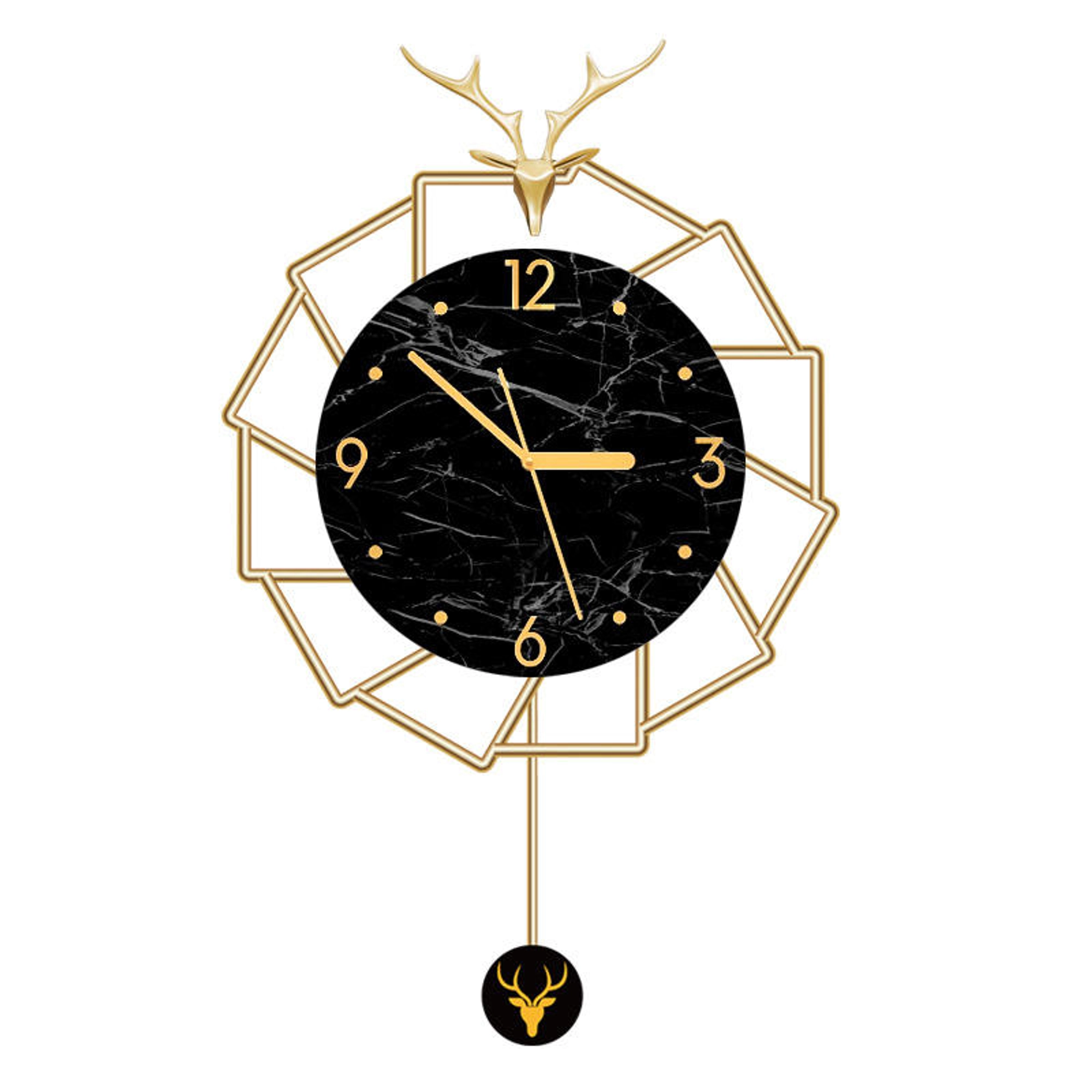 Luxurious Black Marble Wall Clock with Gold Deer Accents