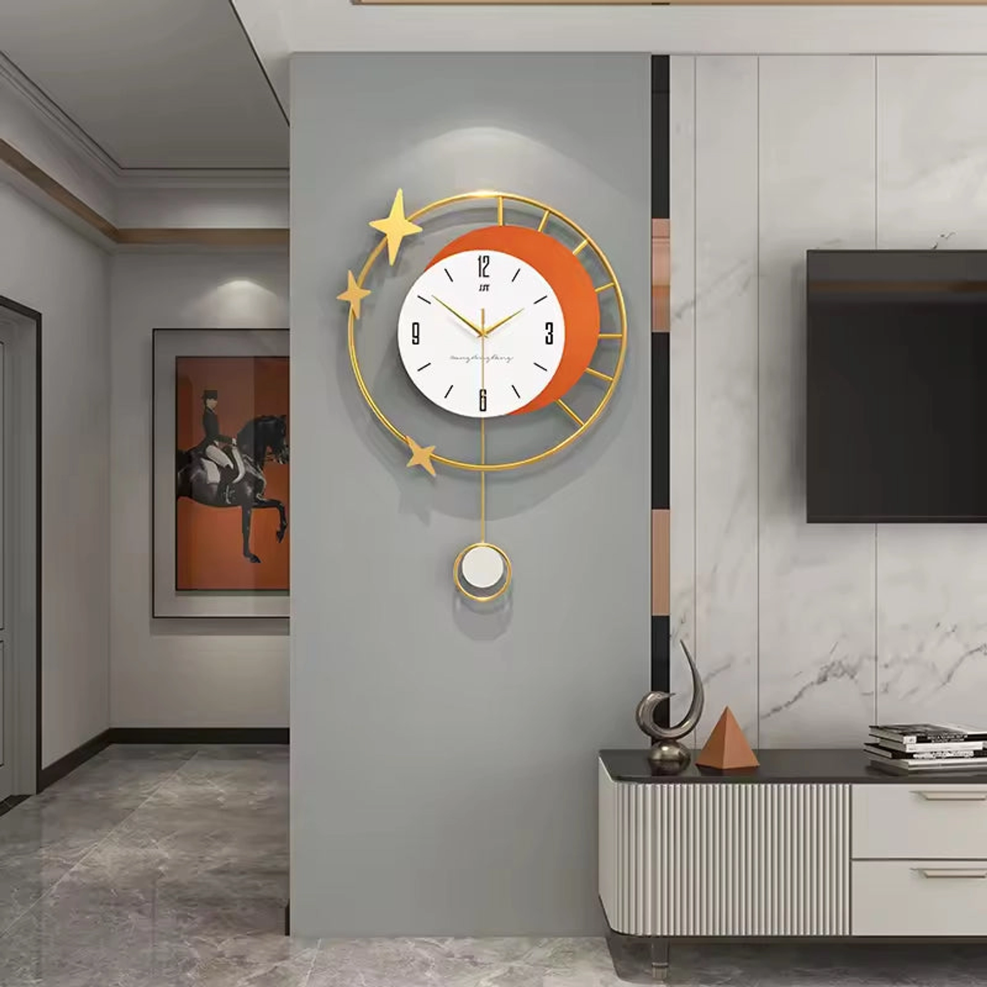 Modern Wall Clock with Crescent Moon, Gold Stars, and Elegant Pendulum Carousel 1