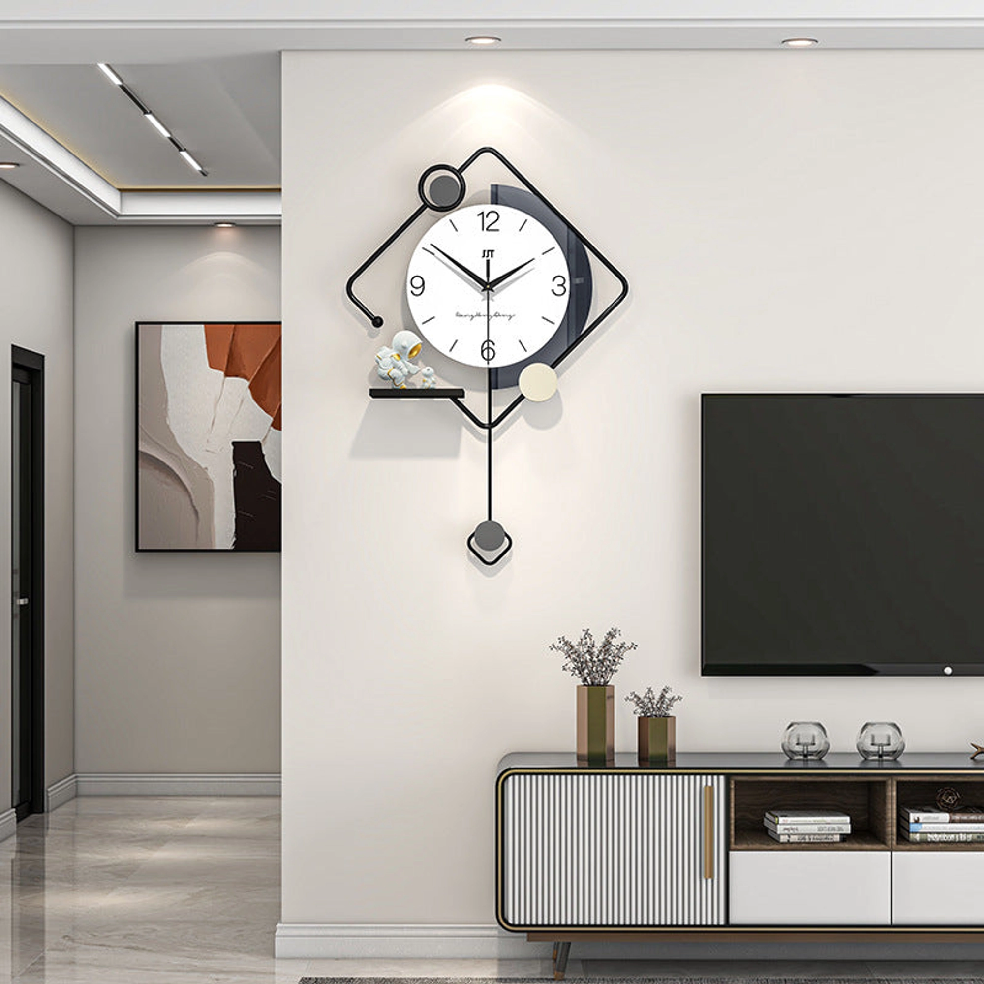 Modern Geometric Wall Clock with Astronaut Figurines Carousel 1