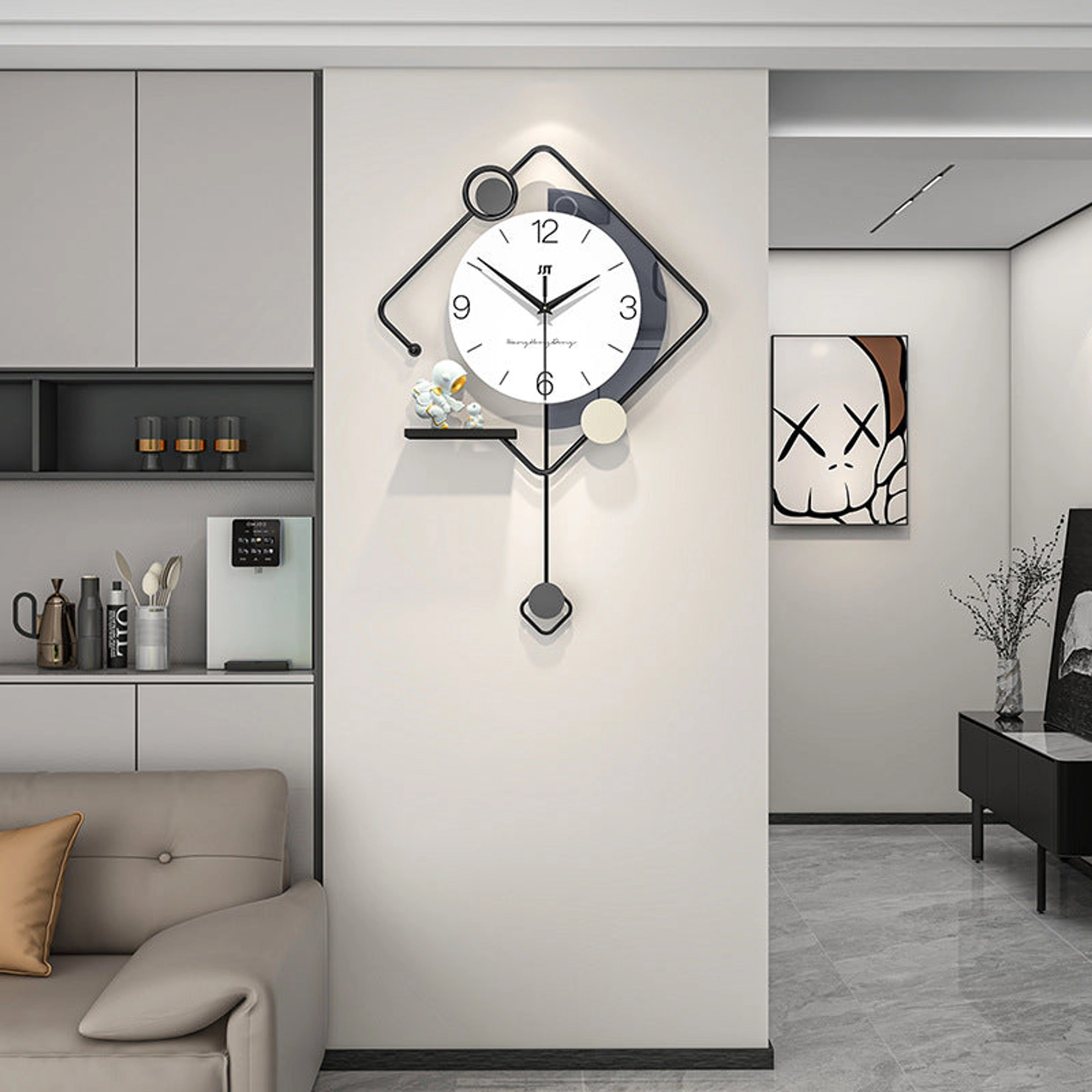 Modern Geometric Wall Clock with Astronaut Figurines Carousel 2