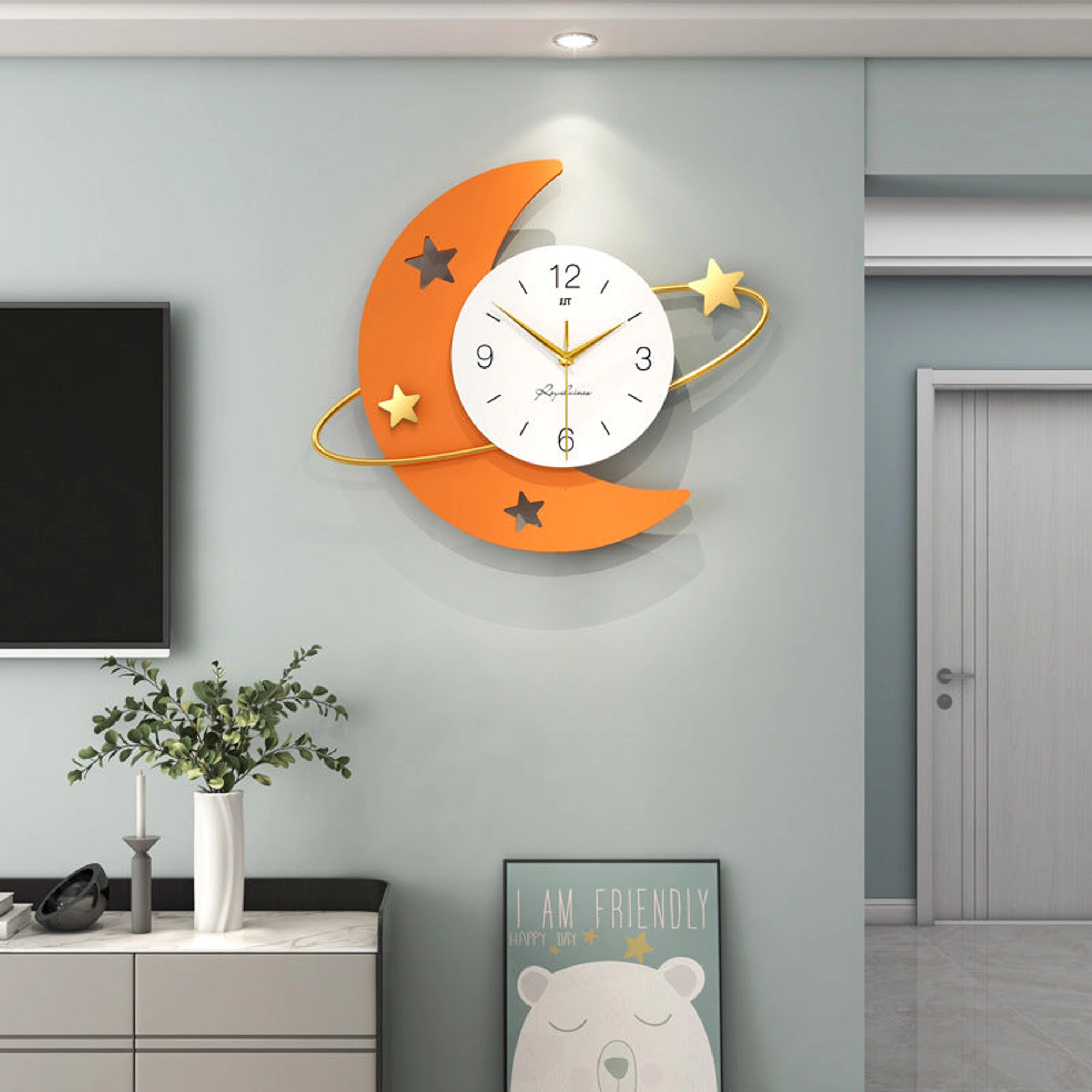 Celestial Crescent Moon Wall Clock with Gold Orbit Carousel 3
