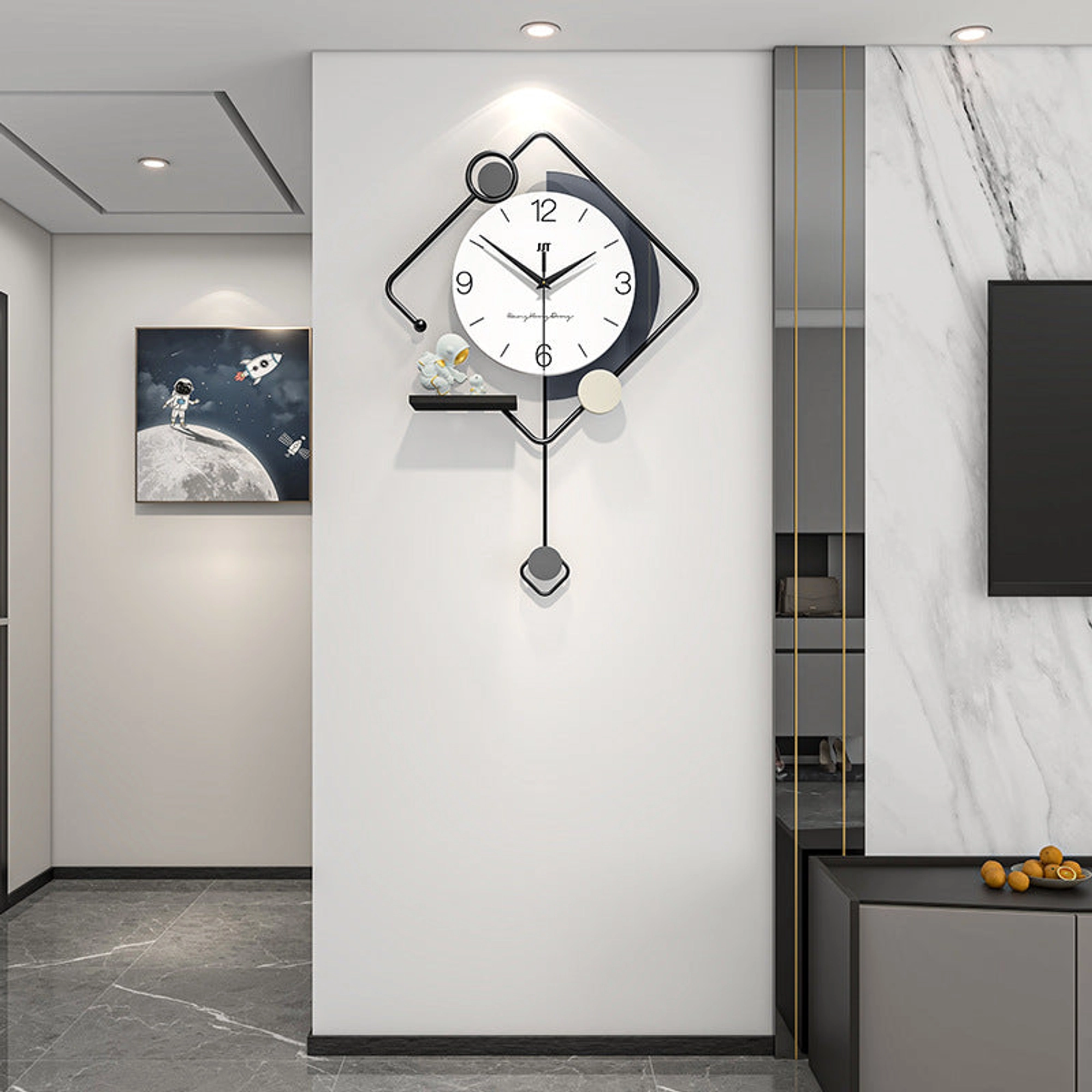 Modern Geometric Wall Clock with Astronaut Figurines Carousel 3