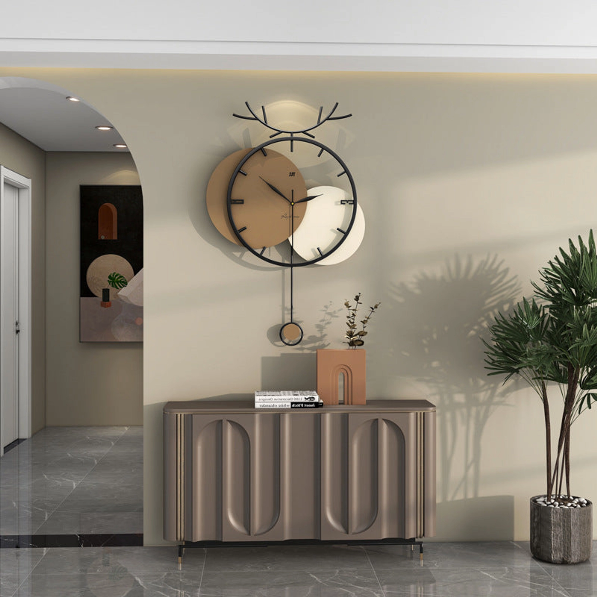 Stylish Modern Wall Clock with Antler Design and Pendulum