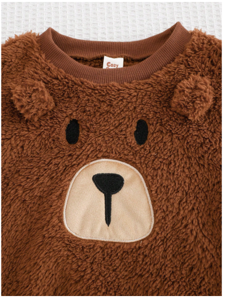 pcs Baby Boy Cartoon Bear Pattern Fleece Thick Crew Neck Long Sleeve Hoodie And Jogger Pants Set Carousel 6