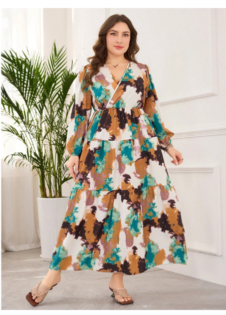 Plus Size Women V-Neck Digital Print Elegant Dress Carousel 2