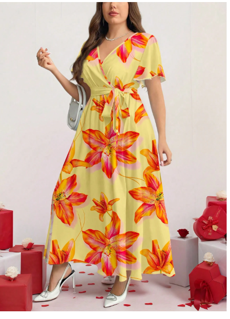 Plus Size Floral Print Casual Retro Loose Dress Carousel 3