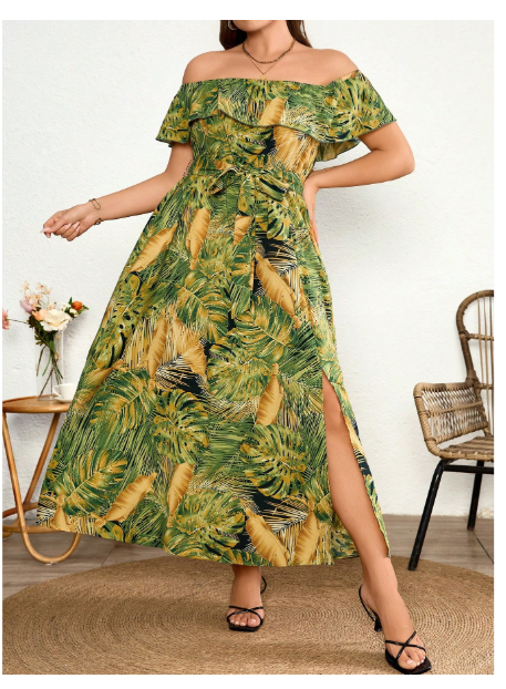 Plus Size Women's Woven Tropical Floral Print Off Shoulder Tie Bow Dress Carousel 4