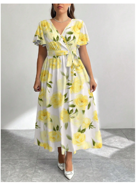 Vintage Yellow Rose Floral Print Loose Fit Plus Size Dress Carousel 2