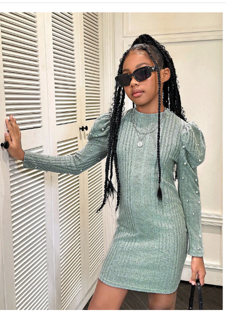 Tween Girls' Casual Solid Color Knitted Stand Collar Long Sleeve Dress Carousel 2