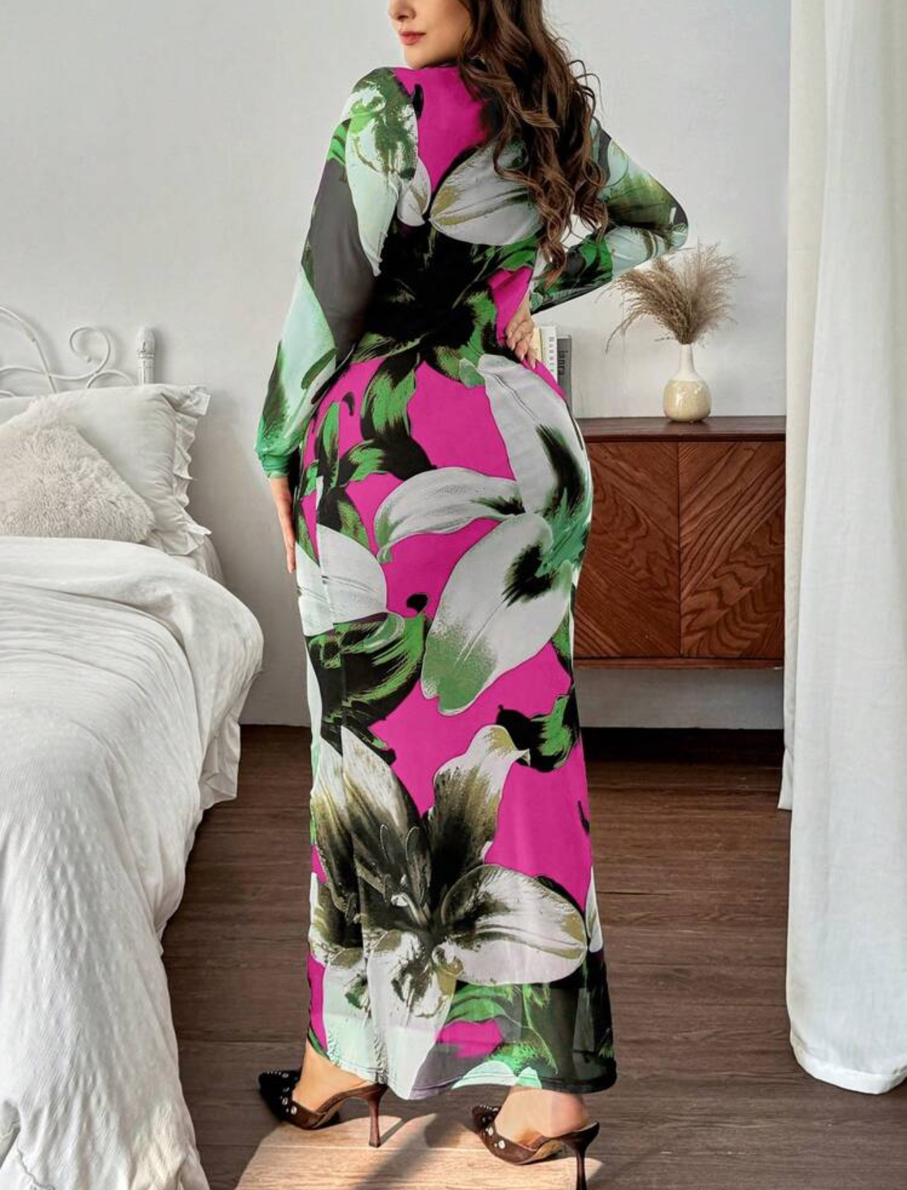 Women floral print elegant long fitted Dress Carousel 3