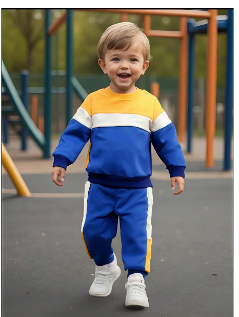 2pcs Young Boy Casual Set, Crew Neck Contrast Color Long Sleeve Top And Drawstring Waist Pants