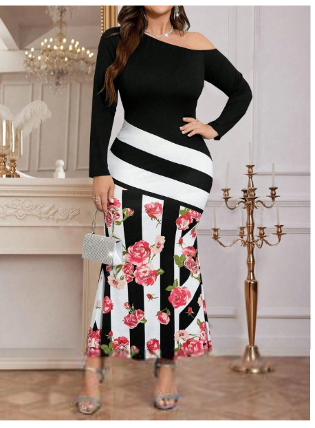 Women's Sexy Form-Fitting Rose Flower Striped Color Block Off Shoulder Long Sleeve Dress Carousel 4