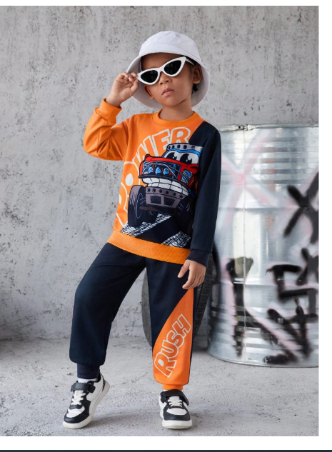 Young Boy Car & Letter Graphic Pullover & Sweatpants Carousel 3