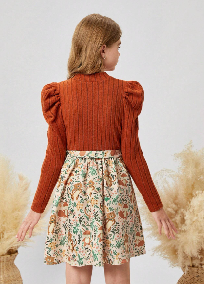 ween Girl Casual Vintage Elegant Knitted Rib Patchwork Ditsy Floral Puff Sleeve Belted A-Line Long Dress Carousel 1