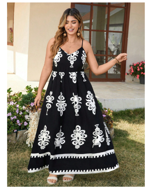 Plus Size Floral Black & White Contrast Color Sleeveless Dress Boho Cowgirl Outfit Carousel 4