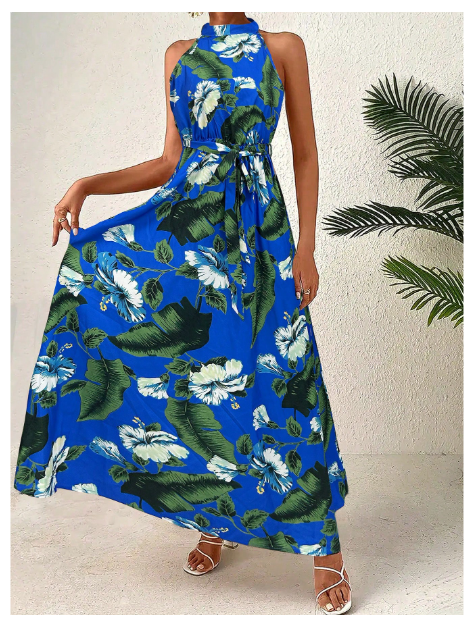 Women's Tropical Plant Print Knotted Waist Halter Mini Dress Carousel 2