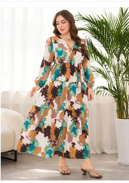 Plus Size Women V-Neck Digital Print Elegant Dress Carousel 5