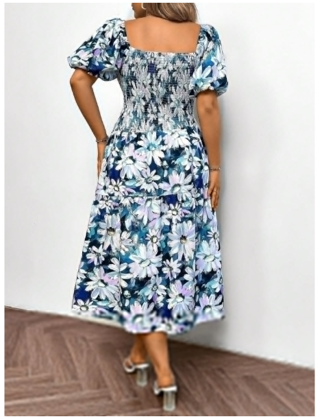 Plus Size Women Fashion All-Over Floral Print Square Neck Ruched Short Sleeve Dress Carousel 1