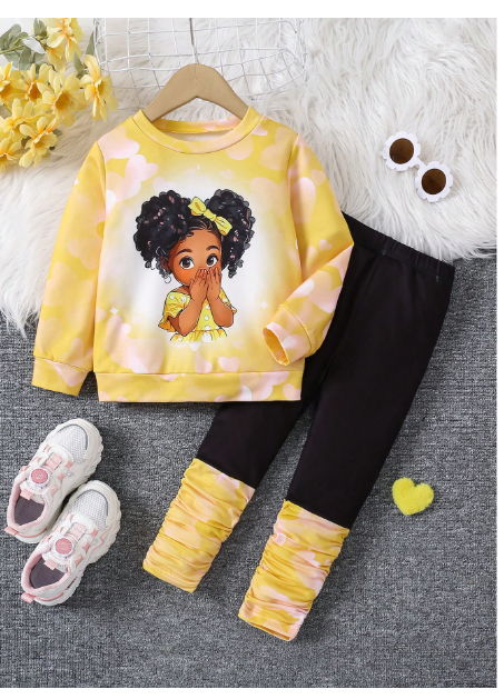 2pcs Girls Fashion Casual Warm Soft Fabric Outfit, Pink Heart Design Sweatshirt And Leggings Set