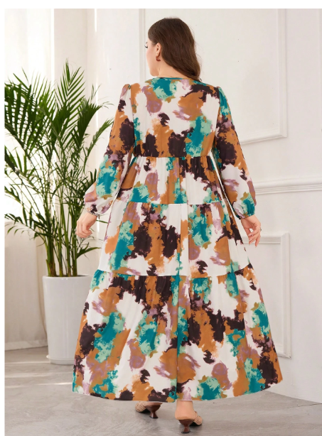 Plus Size Women V-Neck Digital Print Elegant Dress Carousel 1